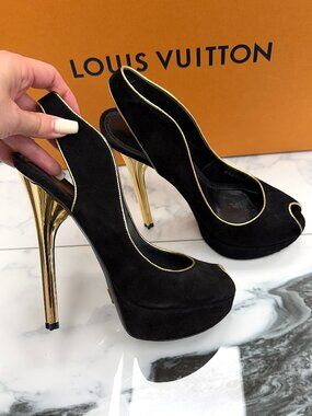 Louis Vuitton Black Suede Platform Heels Gold Heel Peep Toe Pumps Size 37
